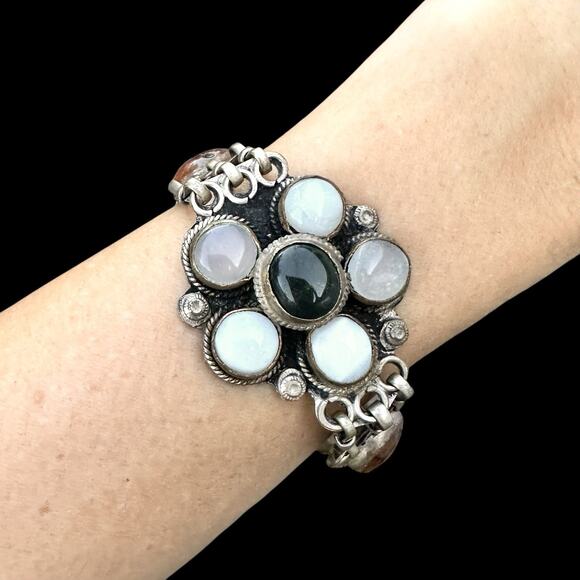 Vintage Boho Etruscan Revival Style Bracelet Agate Gems Cabs Silver Tone Ethnic - Picture 2 of 8